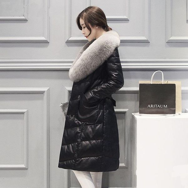 

women's fur & faux 2021 winter haining leather long section collar velvet down jacket, Black