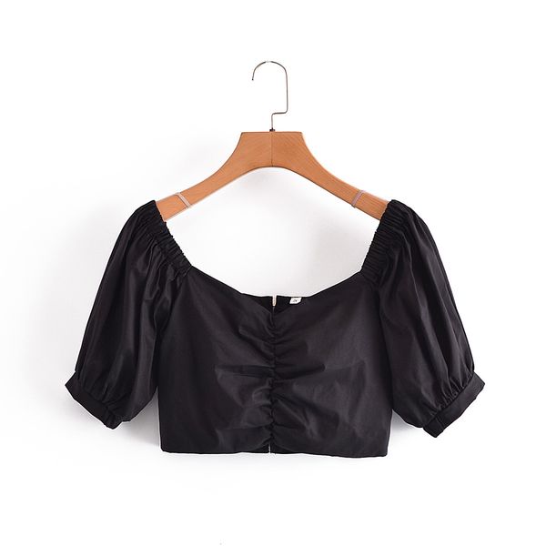 

t shirt 2021 summer women's bubble sleeve pleated back zipper short square neck top, White
