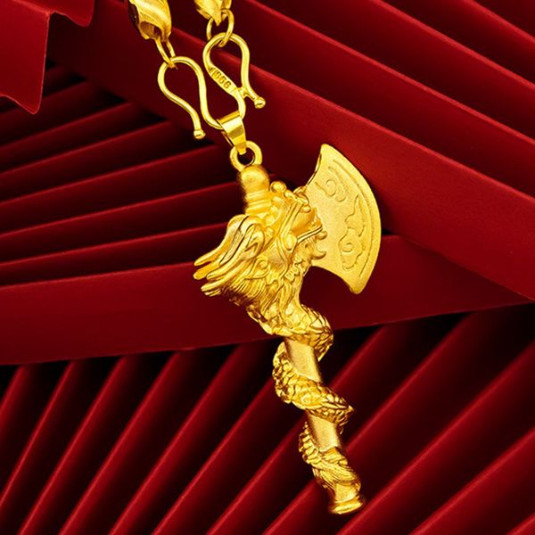 Collana con ciondolo a forma di ascia del drago di moda, gioielli da uomo, regalo hip-hop riempito in oro giallo 18 carati