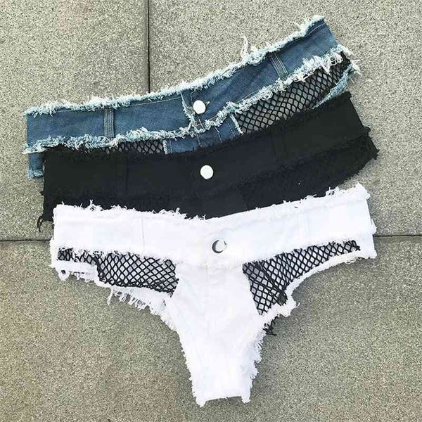 Micro Bikini Mini Curto Sexy Clube Beach Denim Shorts Verão Branco Femme Curto Cintura Low Cintura Thong Jeans Para As Mulheres Escavadas 210625