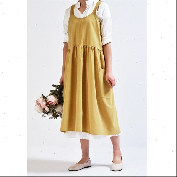 

women ladies cotton linen dress plain sundress 2021 casual apron garden work pinafore dress loose pockets mid calf dress, Black;gray