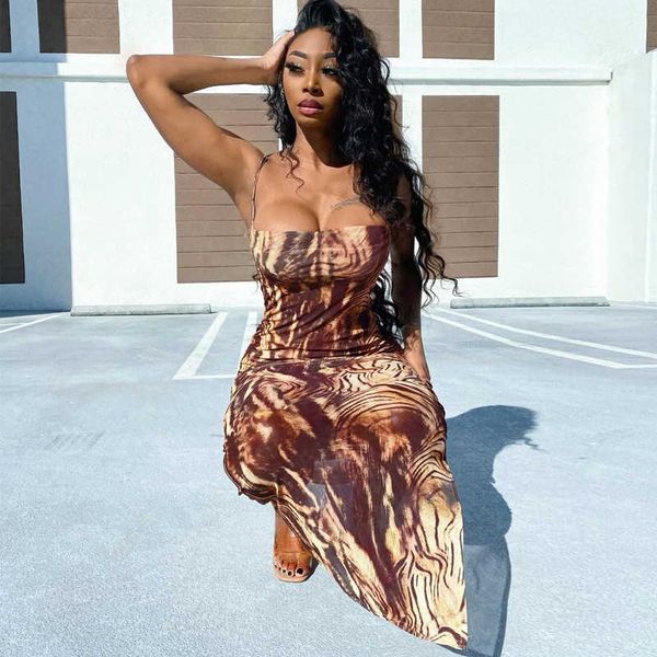 

fashion summer sleeveless bodycon printed dress women pencil long dresses spaghetti strap sundress female streetwear vestidos 210625, Black;gray