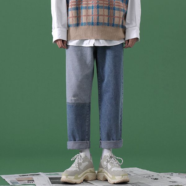 

full length casual baggy jeans lace up high waist denim pants trousers harajuku wide leg jean homme washed patchwrok jeans 8jnd, Blue