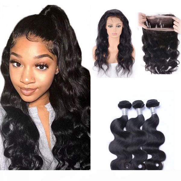 

360 lace frontal with bundles mongolian body wave virgin human hair extension 3 bundles with full lace frontal natural hairline, Black;brown