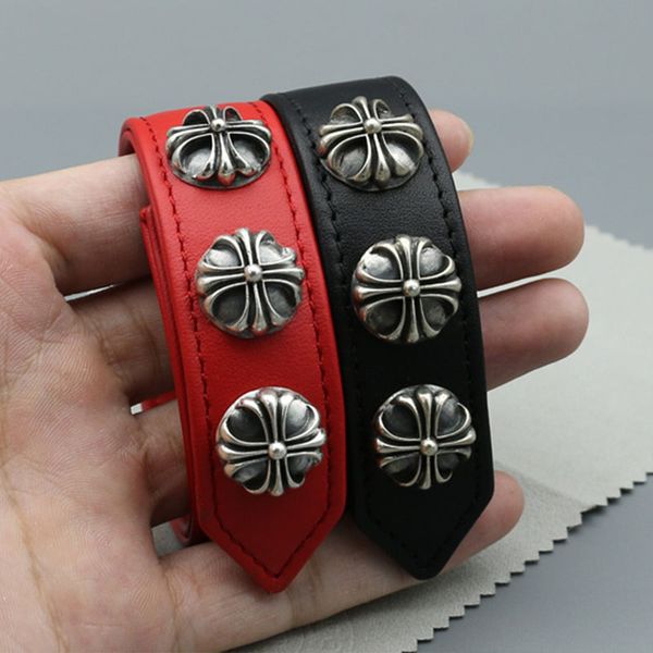 

brand sterling silver leather bracelet european and american tide couple personality nightclub jewelry creative bracelet punk street bangles, Black