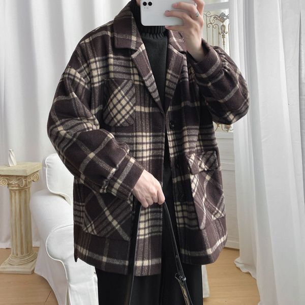 

2021 winter plush thick plaid men's fashion casual oversize men mid-length woolen coat mens overcoat ul9b, Black