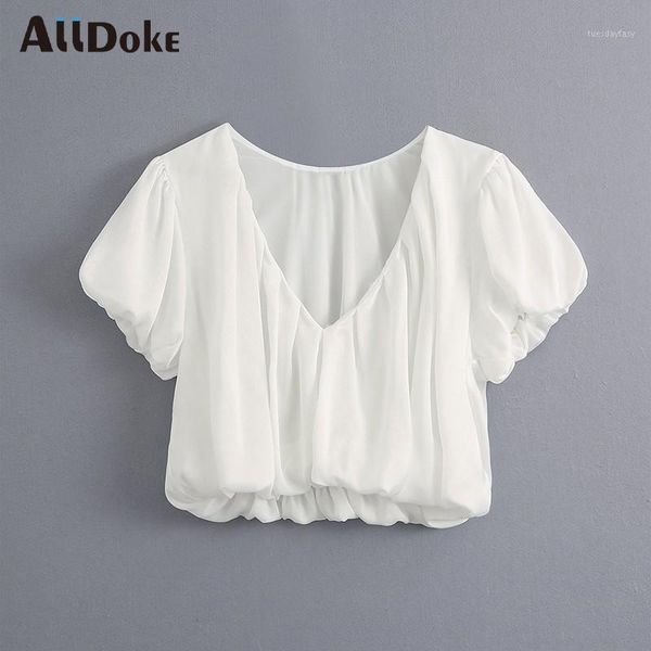 

women's blouses & shirts alldoke white casual blouse women summer v neck puff sleeve crop shirt femme office lady cropped blusas1