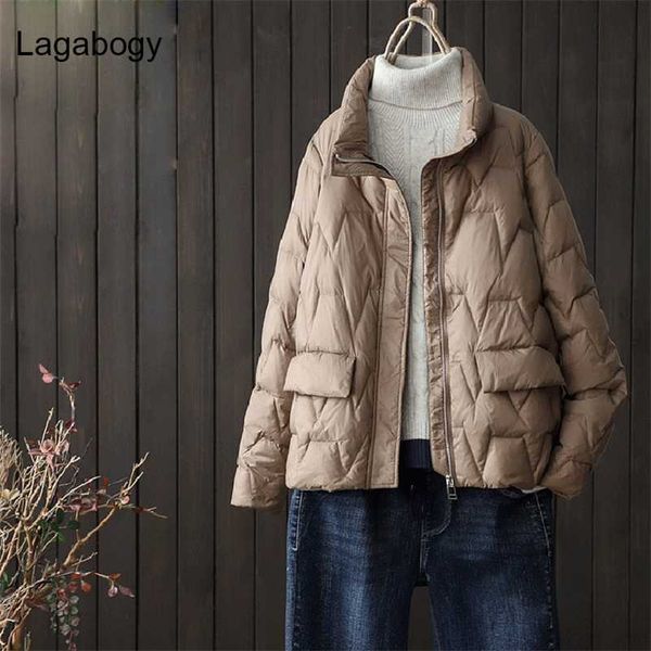 

lagabogy autumn winter coat women ultra light white duck down parka short loose puffer jacket female casual outwear 211012, Black