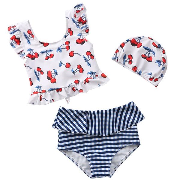 

0-6t girls swimsuit cute cherry pattern tankini set with plaid bottom and hat 3pcs toddler baby ruffled bikini beach pool outfit