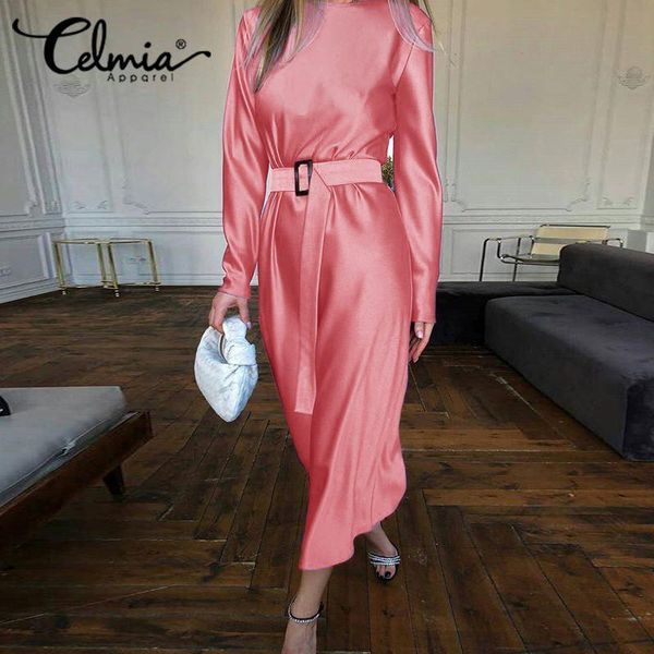 

2021 satin silk long dress celmia women casual loose long sleeve party midi dress fashion solid o-neck belted robe femme 5xl, Black;gray