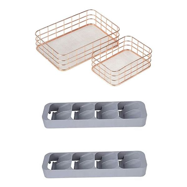 

storage baskets wire basket, 2 pack metal with 2pcs slots drawer condiment seasoning bottle holder 8 grid