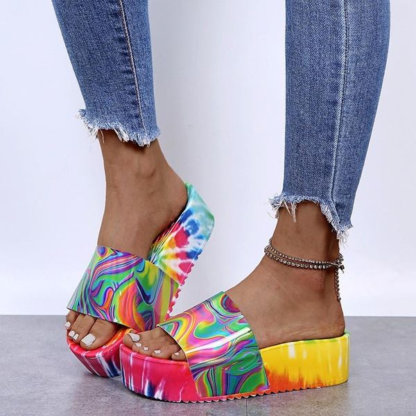 

slippers women's platform rainbow color woman summer slides ladies thick bottom flat big size fashion women female beach shoes, Black