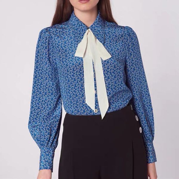 

new blue cute print women's blouse lady long sleeve ribbon tie elegant shirt 2021 spring summer shirts and xgkp, Black