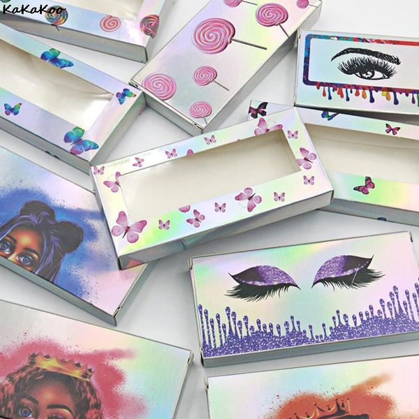 

false eyelashes laser packaging box lashes boxes empty eyelash package case 25mm holographic rectangle