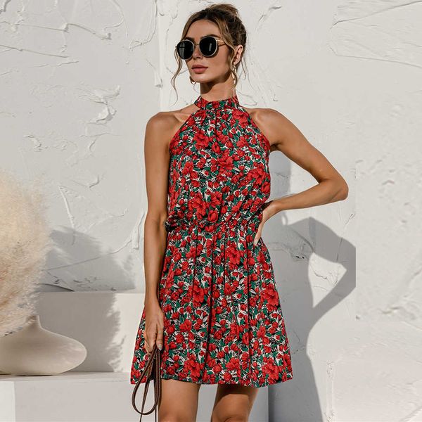 

summer mini dress women casual floral print sleeveless off shoulder slim lace up decor bow design halter short dresses vestidos 210526, Black;gray