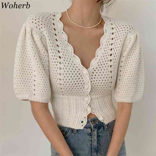 

woherb korean chic elegant v-neck crop cardigan women hollow out slim waist knitwear vintage puff sleeve summer cardigans 210805, White;black