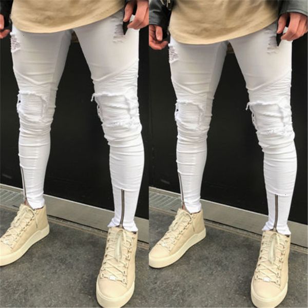 

2021 men ripped zipper white jean trousers pencil pants male destroyed zipper skinny ripped jean pants plus size, Blue