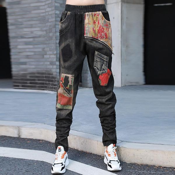 

denim jeans women patch pencil pants zipper trendy ladies korean harajuku retro design trousers hipster streetwear outfits cloth, Blue