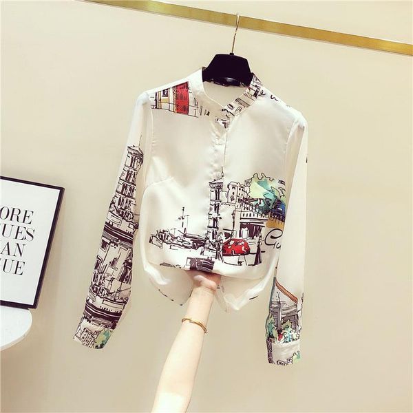 

spring autumn women shirts womens blouse retro hong kong print style printed shirt stand up collar loose long sleeve, White