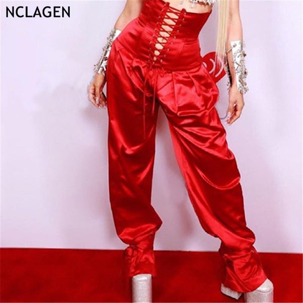 

women's pants & capris nclagen 2021 women high waist bandage corset patchwork loose casual vintage street fashion female aesthetic, Black;white