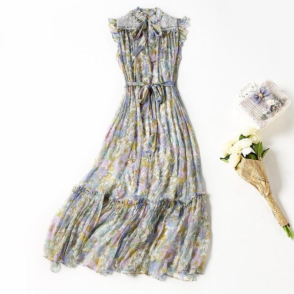 

and summer printed elastic waist mid length dress single celebrity casual blue temperament silk age reducing dress, Black;gray