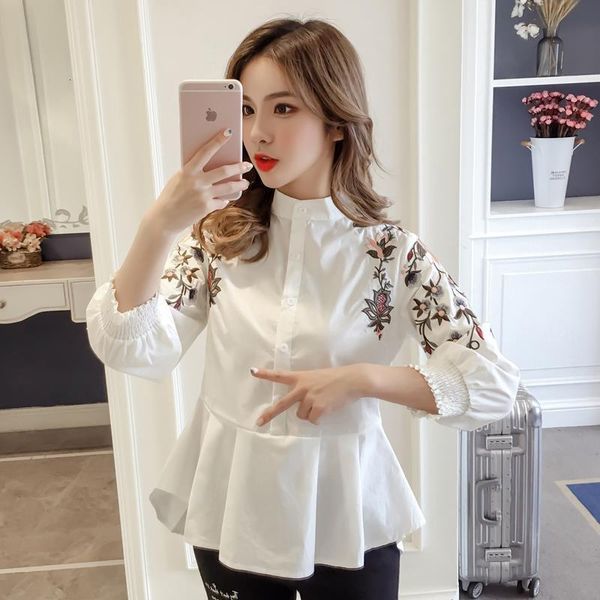 

2021 acrylic autumn women fashion sweet women blouse full embroidery floral mandarin collar casual preppy style shirts 1377 45, White