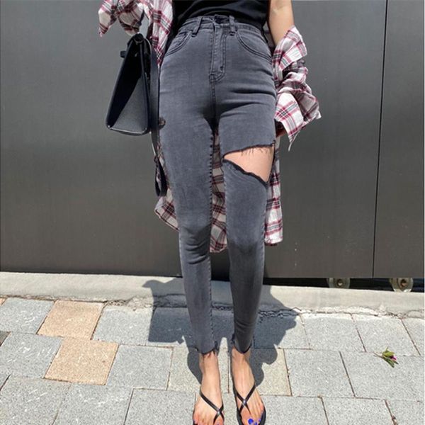 

women's jeans gray thigh ripped korean-style elastic skinny leggings high waist beggar capri, Blue
