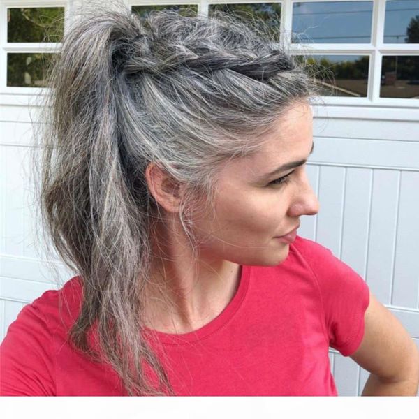 

silver gray straight seamless wrap around ponytail extension real hair piece clip in grey hair extension for salt and pepper hair, Black
