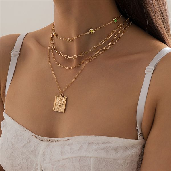 

square brand butterfly flowers pendant necklaces european hollow thick thin clavicle chain women multi layer alloy gold sweater chains jewel, Silver