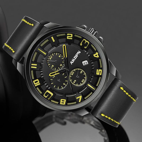 

wristwatches akdpn men sport waterproof casual leather wrist watches for military clock fashion chronograph wristwatch, Slivery;brown