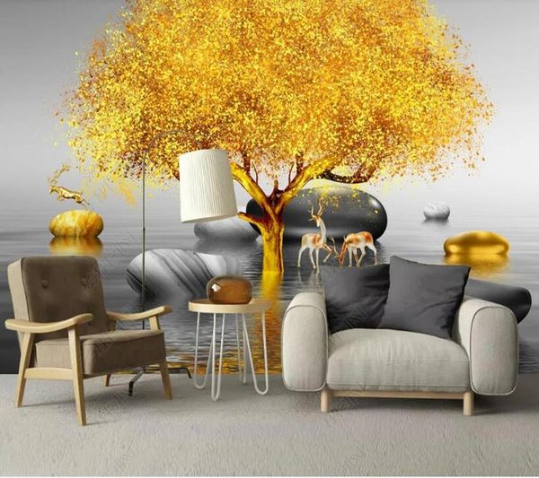 

wallpapers papel de parede chinese style golden big tree elk landscap 3d wallpaper mural,living room tv wall bedroom papers home decor