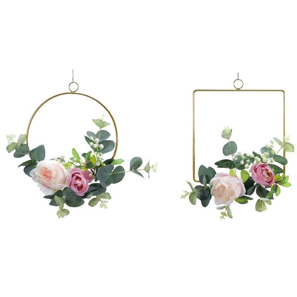

decorative flowers & wreaths 2pcs floral hoop wreath garland artificial rose metal ring for wedding wall decor, round square