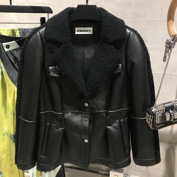 

women's leather & faux ladies shearling blazer genuine sheepskin coat, Black