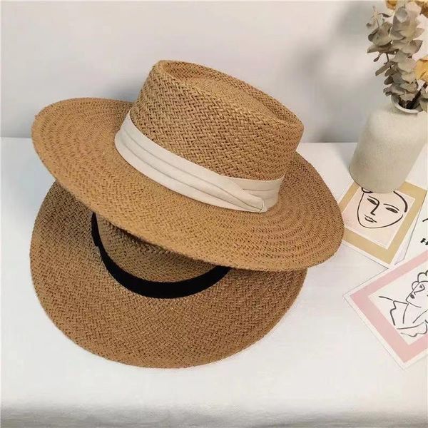 

wide brim hats 2021 handmade straw beach hat for women summer holiday panama cap fashion concave flat sun protection visor, Blue;gray