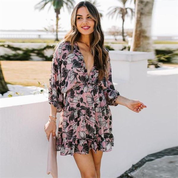 

casual dresses vintage flower print v-neck tie-up dress womens long sleeve backless ruffles streetwear female vestidos, Black;gray