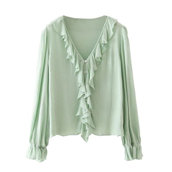

women's blouses & shirts zxqj women 2021 fashion with ruffled chiffon vintage long sleeve elastic cuffs female blusas chic, White