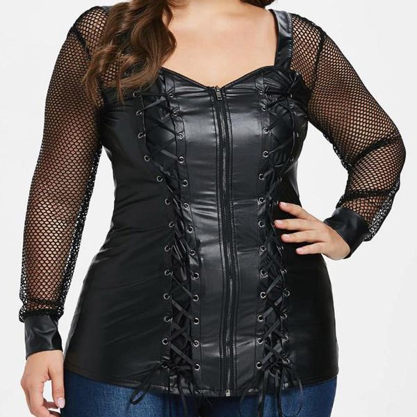

plus size faux leather blouse 4xl 5xl hollow out long sleeve steampunk lace up corset women pu leather shirt, White