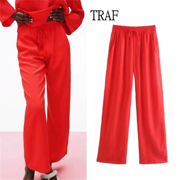 TRAF Woman Calças Za Vermelho Vermelho Mulheres Roupas Calças Chic Elástico Cintura Alta Largura Pé Loose Bolso Casual 210915