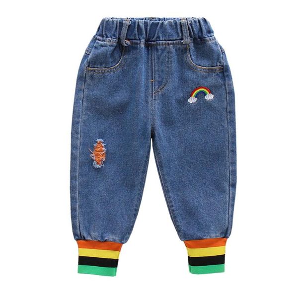 

jeans for girls toddler ripped jeans kids girl rainbow stirped children embroidery clothes for girls, Blue