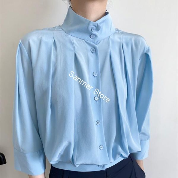 

2021 new feminina gola trs quartos manga traseira arco lao azul cor slida nico breasted escritrio senhora camisa jomg, White