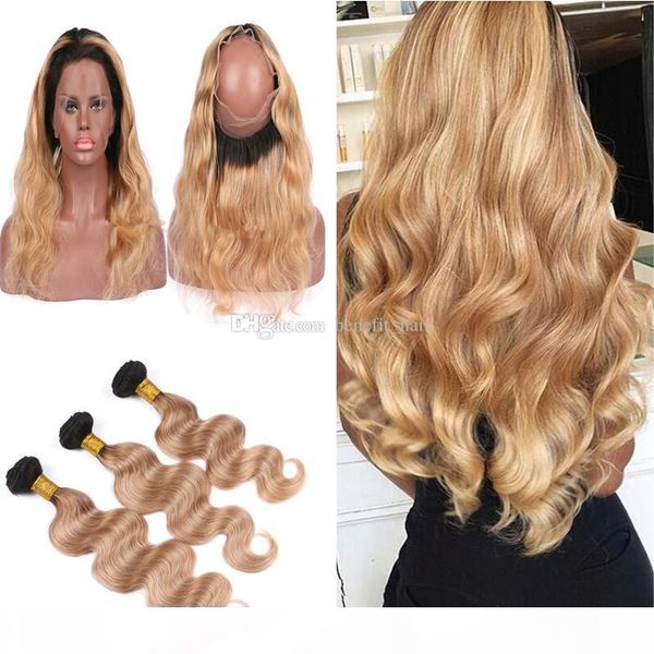 

ombre pre plucked 360 lace band frontal with hair extension dark root 2 tone 1b 27 body wave hair bundles with lace frontal, Black;brown