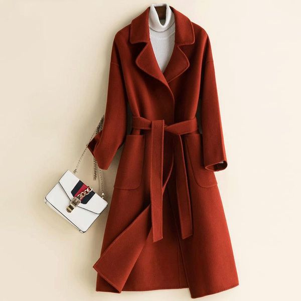 

women's wool & blends double faced cashmere coat lace slim casual long coats female winter woolen women autumn jacket, Black