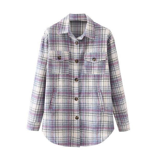 

women's jackets traf women 2021 fashion pocket lattice coat retro long sleeve lapel casual button shirt style streetwear, Black;brown