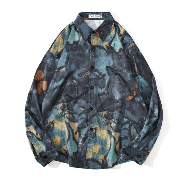 

2021 men's tie dye vintage loose autumn hawaiian long sleeve shirt mens casual beach shirts men oversized koszule fn5g, White;black