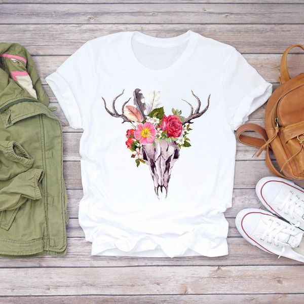 

women 2021 skull flower heifer short sleeve fashion print summer shirt t-shirts t graphic female ladies womens tee t-shirt, White