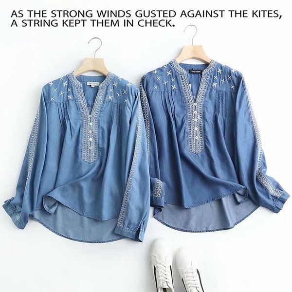 

winter cardigan fashion women's simple casual v-neck embroidered tencel denim pullover shirt, White