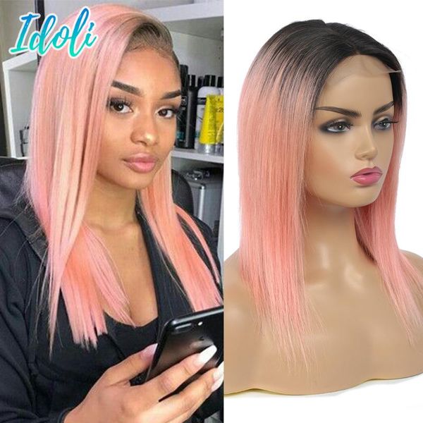 

lace wigs 8-28 inch long straight t1b/pink front human hair wig for woman 180% density 13x4 middle part pre plucked closure, Black;brown