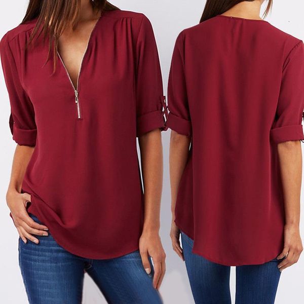 

women chiffon v neck blouse summer autumn casual half sleeve solid loose zipper bluses shirts plus size, White