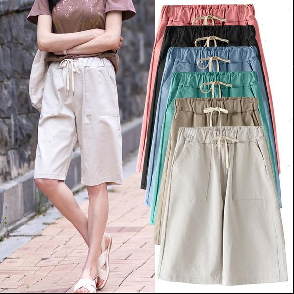 

women summer bermuda shorts cotton wide legged leisure trousers large size loose elastic waist with belt shorts 6xl 7xl 8xl, White;black