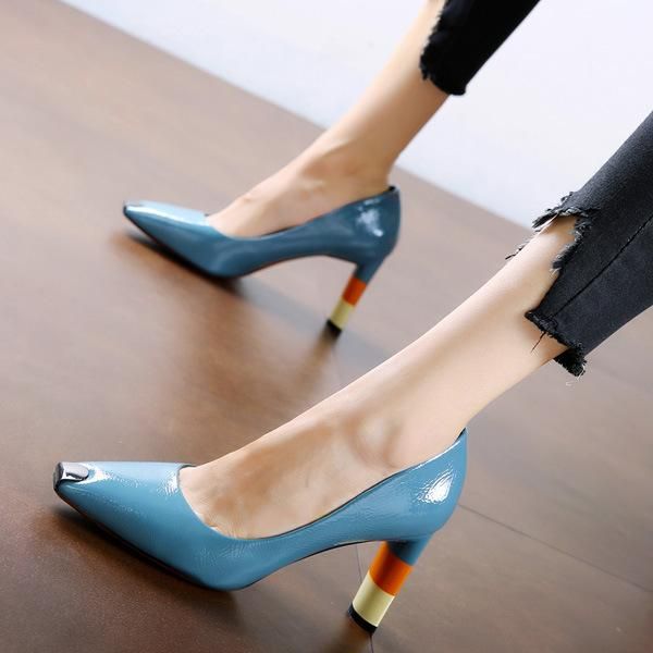 

dress shoes color small leather temperament coarse heel occupation patent square commute spelling high-heeled, Black